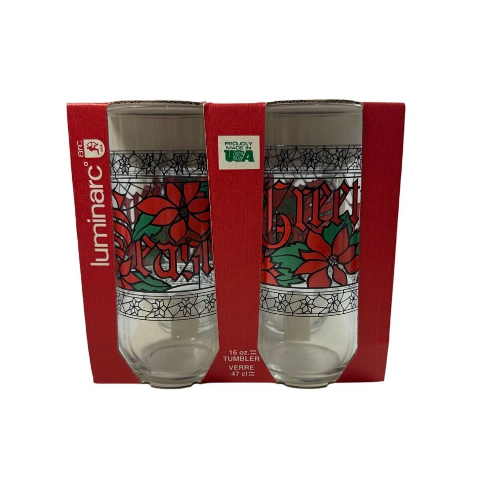 Seasons Greetings Luminarc 16 Oz Glass Tumblers Set Of 4 Made In USA NOS